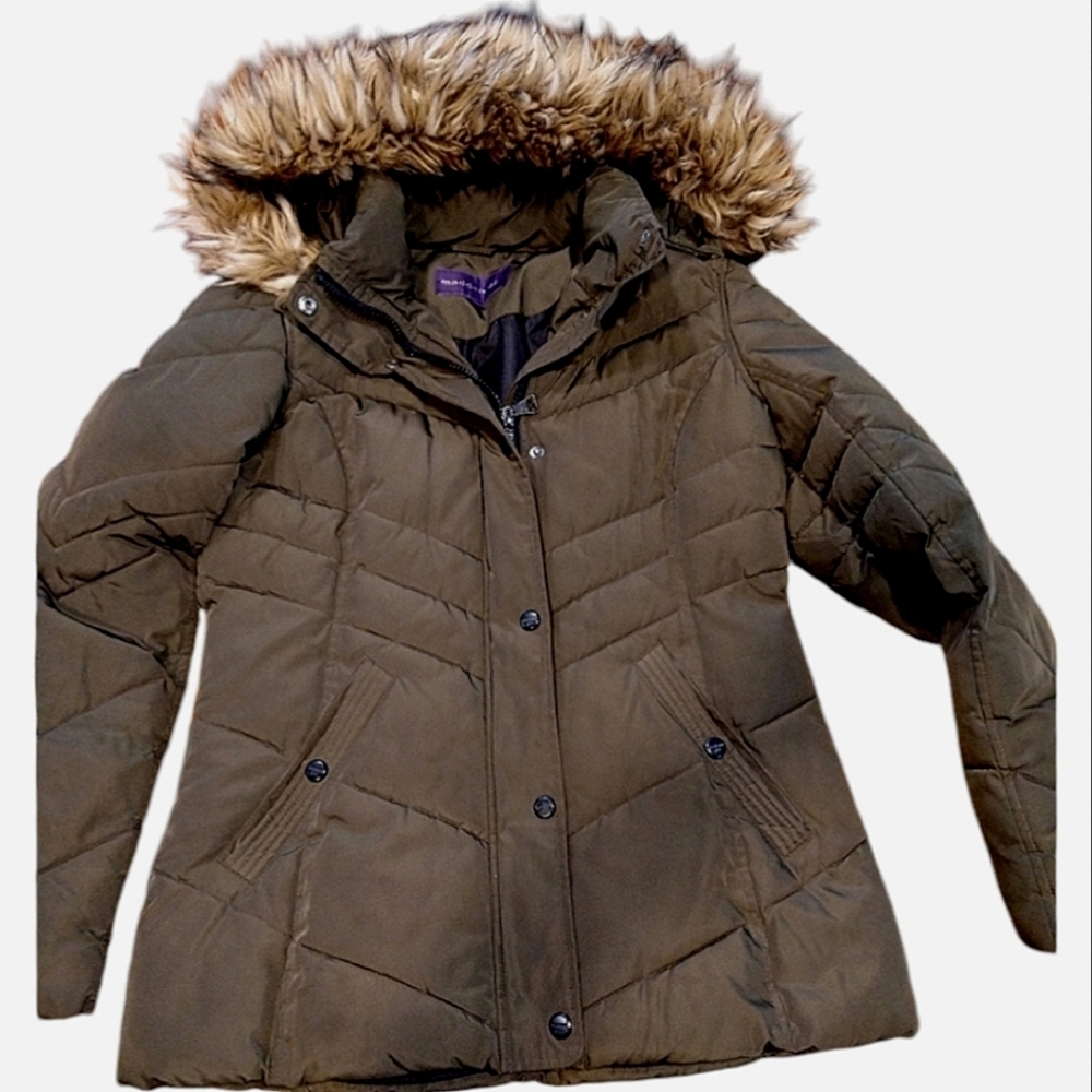 Madden Girl olive green puffer coat with faux fur trim size small